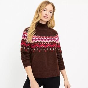 LOU & GREY Womens Medium Brown Pink Fair Isle Mock Neck Long Sleeve Sweater